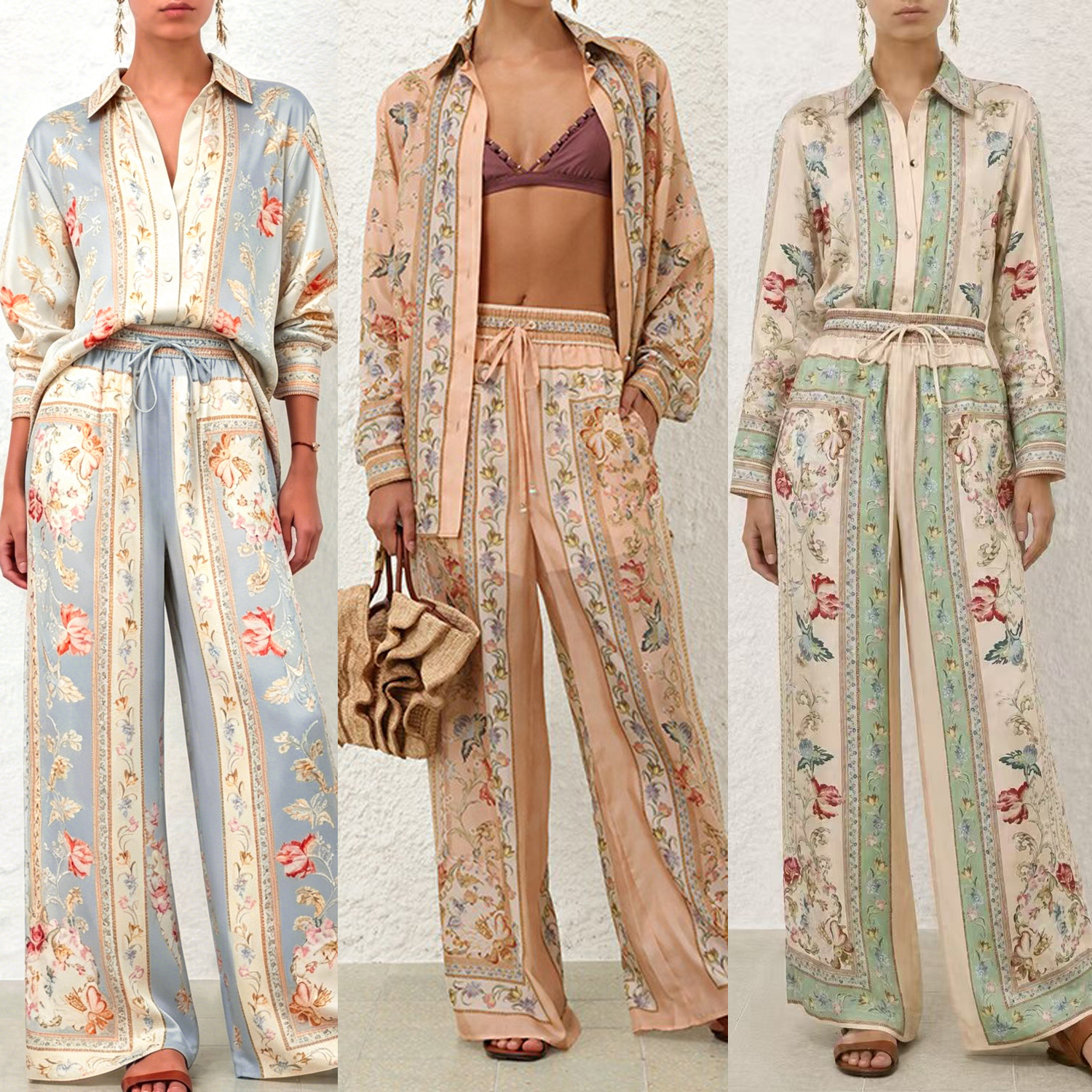 Australian Z Home Silk Texture Printed Casual Long Sleeve Collar Shirt Loose High Waist Pants Set Vacation Style
