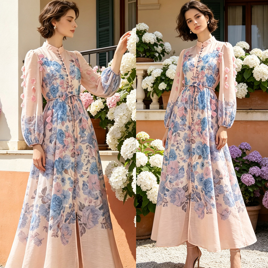 Australian niche 2026 summer elegant stand up collar single breasted heavy industry floral fringe two-piece dress long skirt Australian niche 2026 summer elegant stand up collar single breasted heavy industry floral fringe two-piece dress long skirt