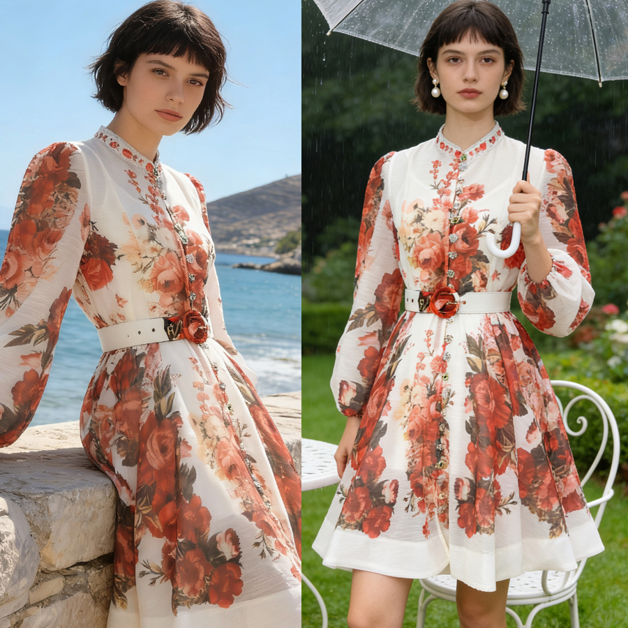 Australian new elegant retro positioning printed stand up collar single breasted waist slimming dress short skirt umbrella skirt Australian new elegant retro positioning printed stand up collar single breasted waist slimming dress short skirt umbrella skirt