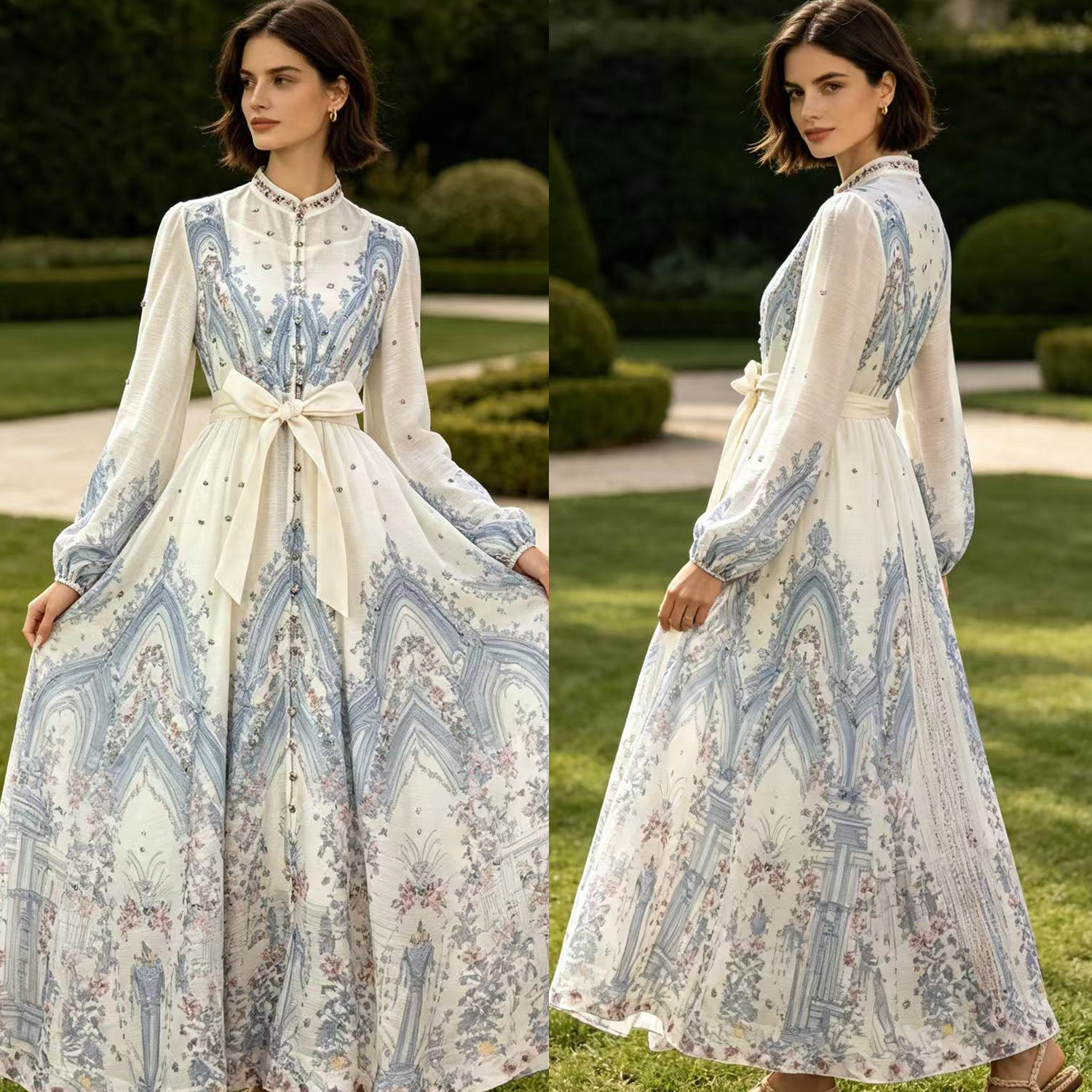 Australian retro print stand up collar lantern sleeves long sleeves heavy studded diamonds elegant socialite temperament two-piece dress long
