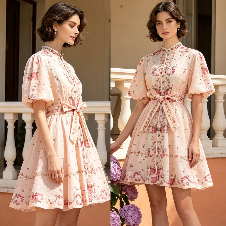 Australian vacation style summer new French retro printed bubble sleeves short sleeves studded diamond single breasted dress umbrella skirt Australian vacation style summer new French retro printed bubble sleeves short sleeves studded diamond single breasted dress umbrella skirt