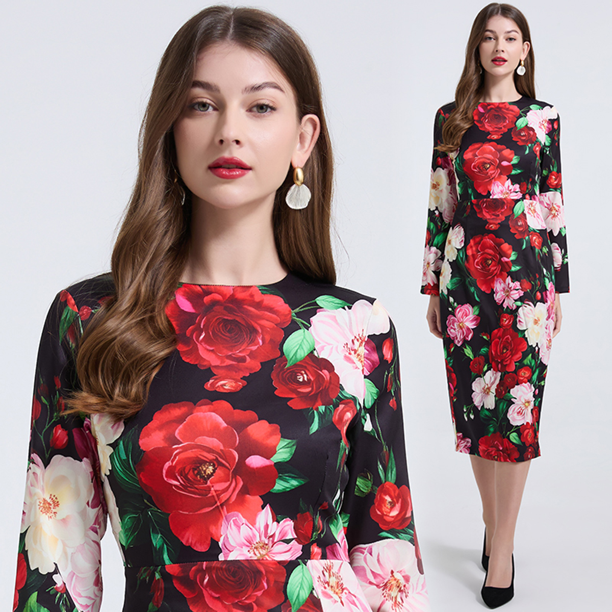 Realistic shooting of European and American style positioning strip rose big flower slim fit hip hugging dress with high waist round neck long sleeved skirt