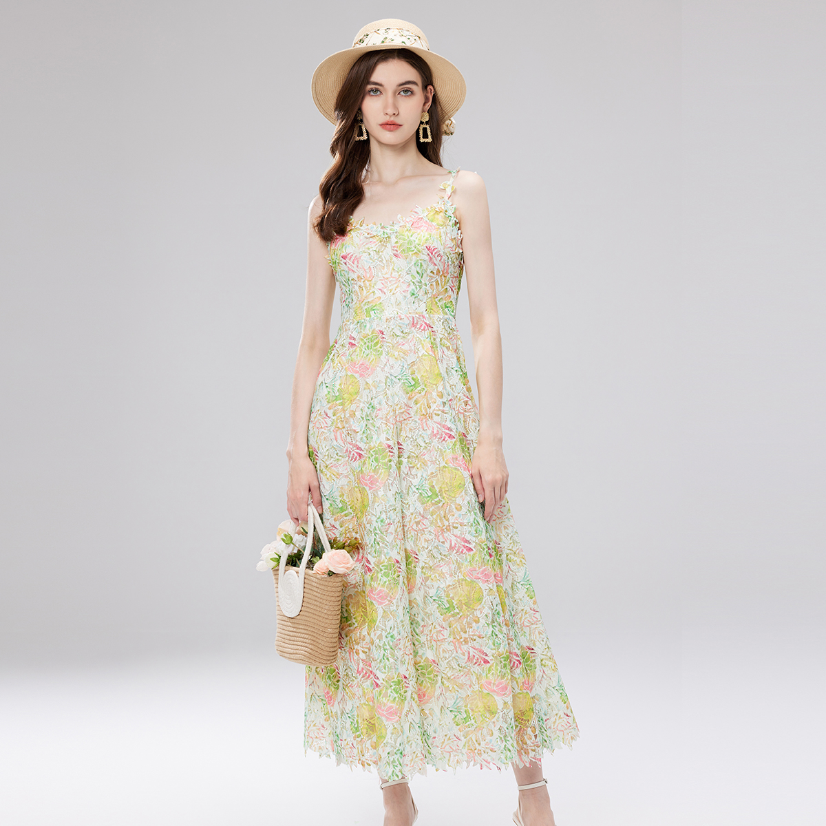 French style niche color three-dimensional flower hollow embroidery suspender skirt, water-soluble lace dress French style niche color three-dimensional flower hollow embroidery suspender skirt, water-soluble lace dress