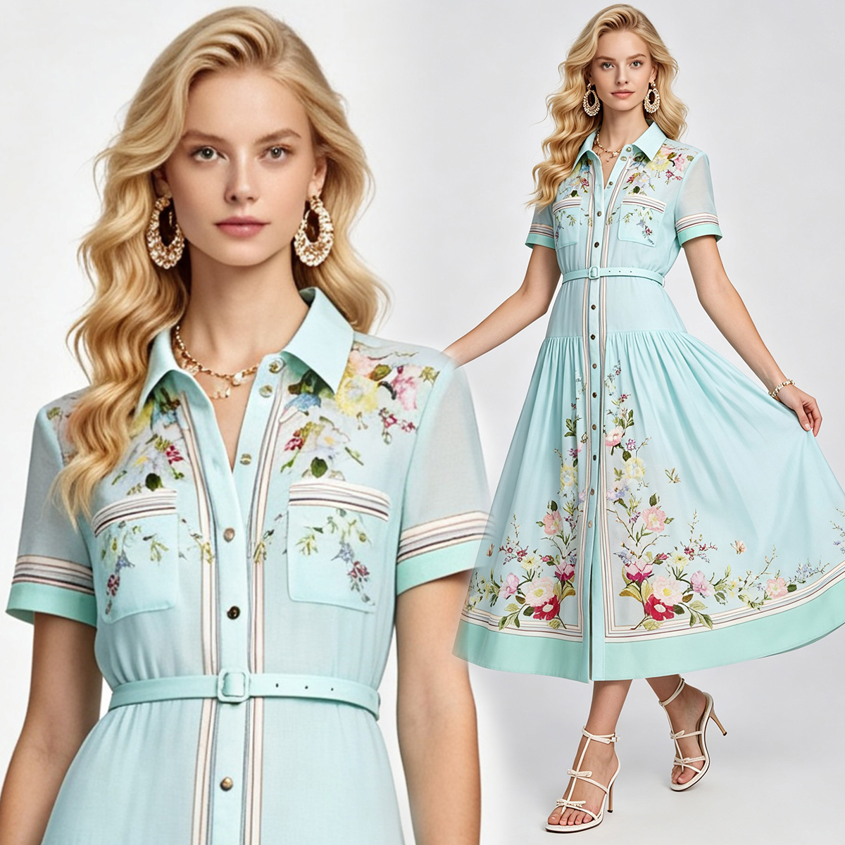 Summer print positioning shirt collar short sleeved slim fit high waisted cotton and linen dress simple long A-line skirt