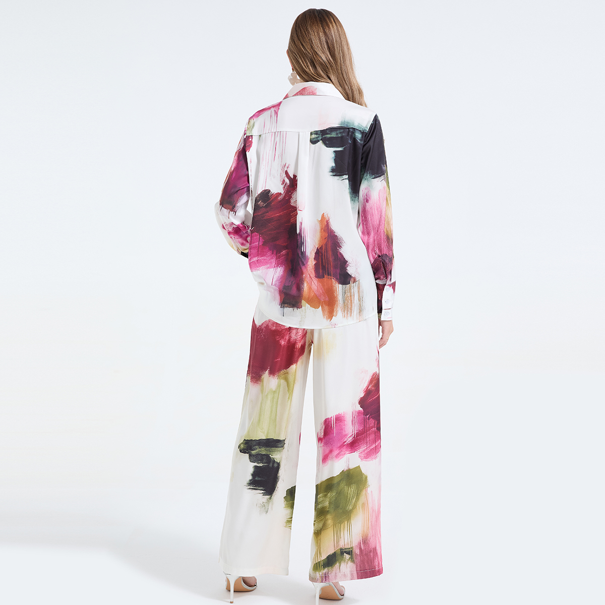 Real time shooting of spring and summer blended printed long sleeved loose shirt+loose wide leg pants fashion two-piece set Real time shooting of spring and summer blended printed long sleeved loose shirt+loose wide leg pants fashion two-piece set