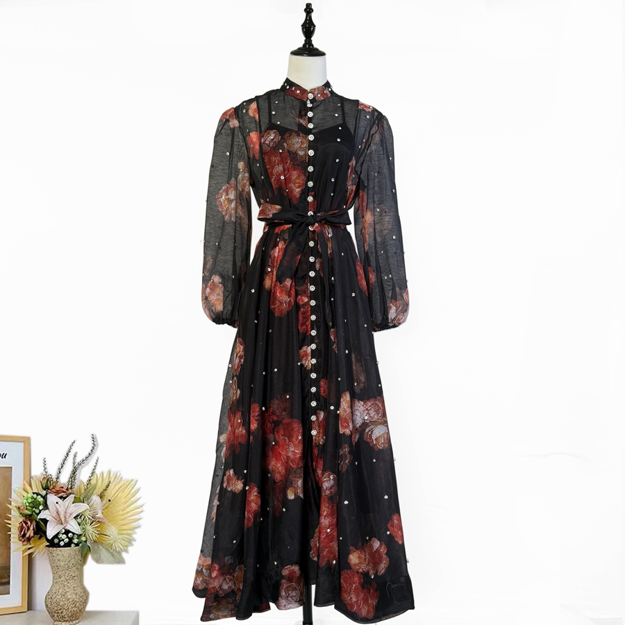 Australian retro print stand up collar lantern sleeves long sleeves heavy studded diamonds elegant socialite temperament two-piece dress long Australian retro print stand up collar lantern sleeves long sleeves heavy studded diamonds elegant socialite temperament two-piece dress long