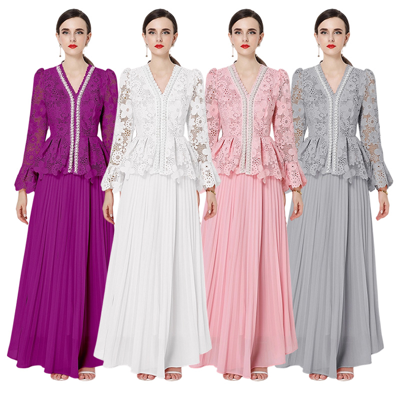 French elegant style heavy industry lace two-piece set V-neck ruffle edge long sleeved temperament top pleated skirt fashion set