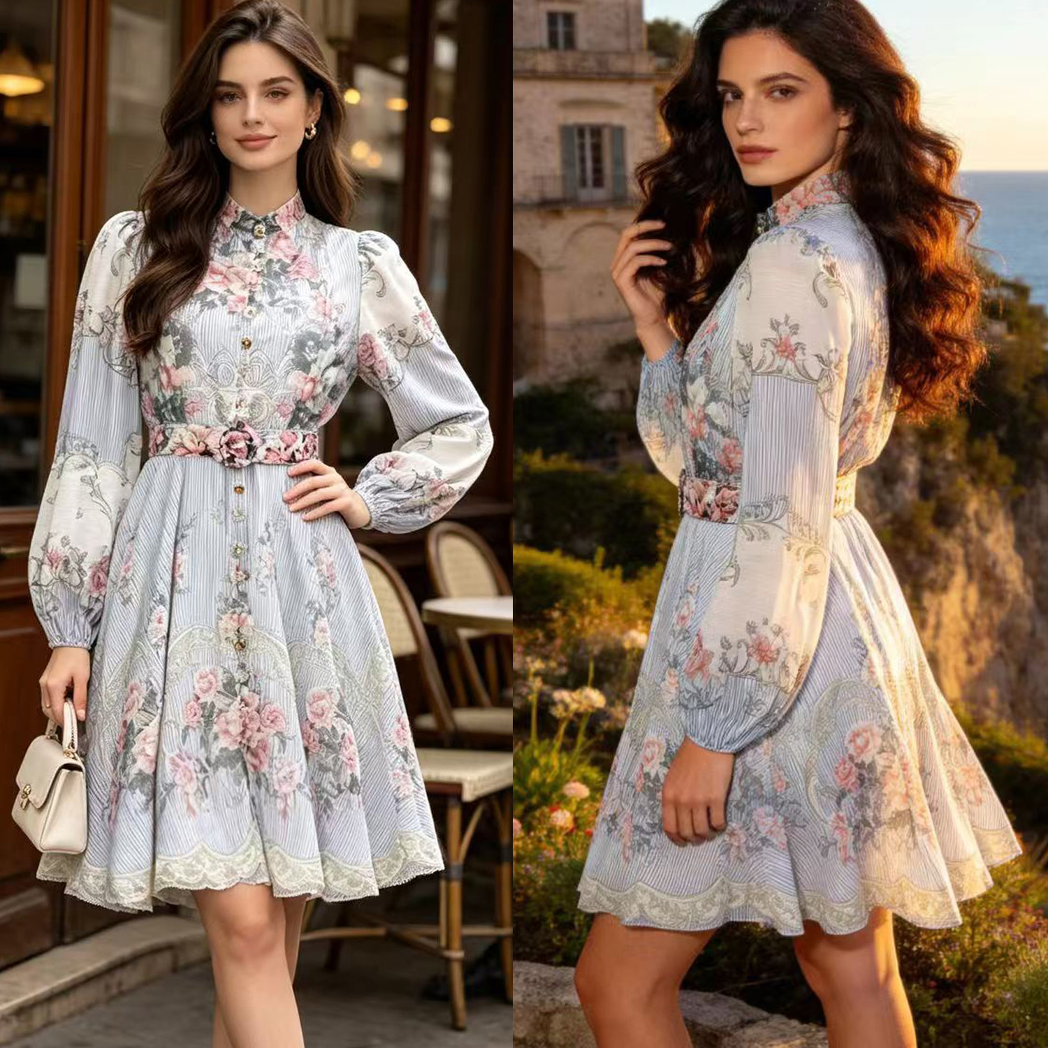 Australian new elegant retro positioning printed stand up collar single breasted waist slimming dress short skirt umbrella skirt Australian new elegant retro positioning printed stand up collar single breasted waist slimming dress short skirt umbrella skirt