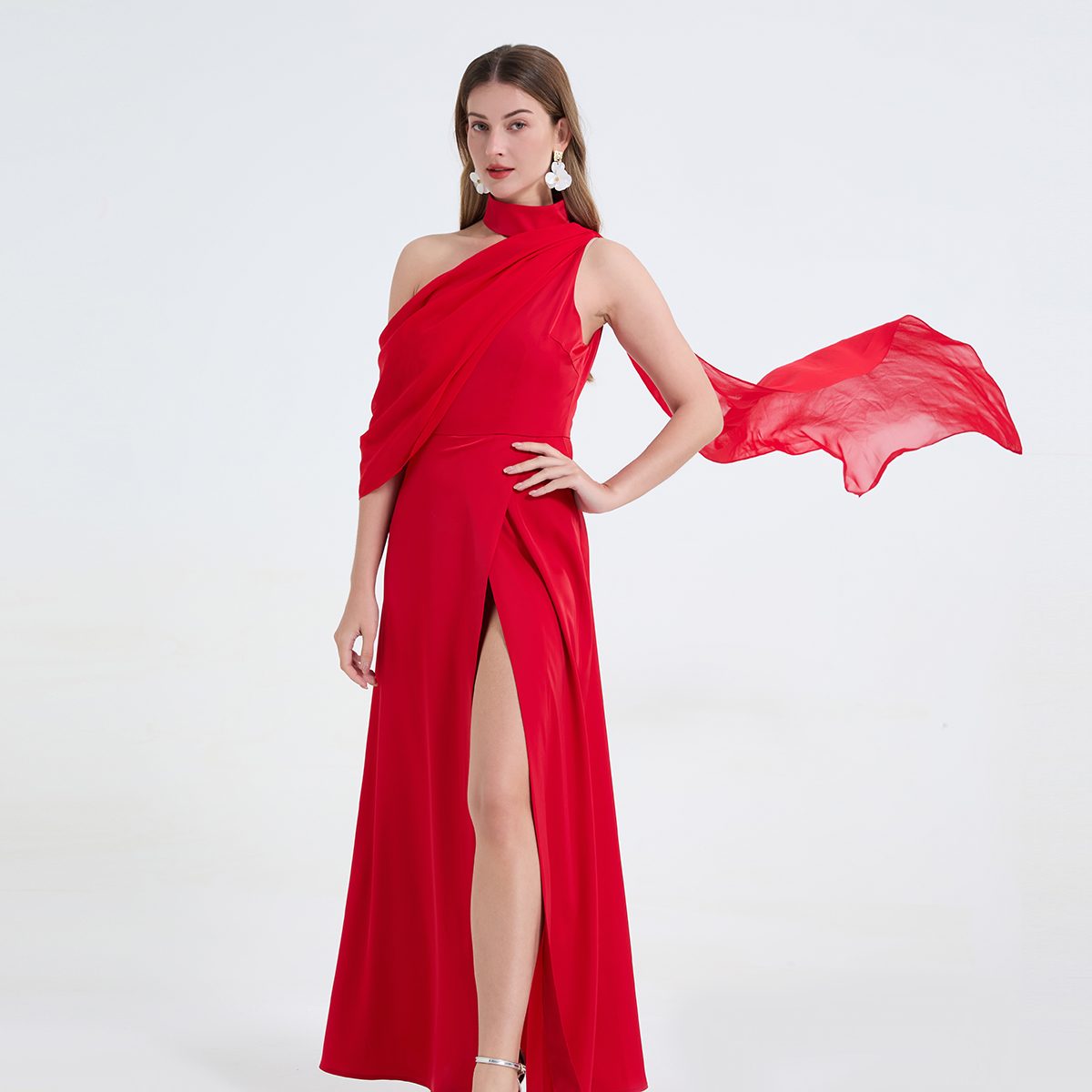 Real shot sexy slanted shoulder patchwork hanging neck high waist slit dress with elegant temperament slit dress Real shot sexy slanted shoulder patchwork hanging neck high waist slit dress with elegant temperament slit dress