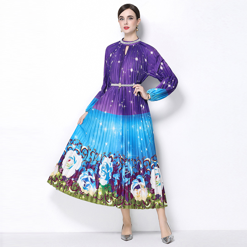 Original 2026 high-end nail bead positioning printed pleated pearl buckle pleated long skirt Original 2026 high-end nail bead positioning printed pleated pearl buckle pleated long skirt