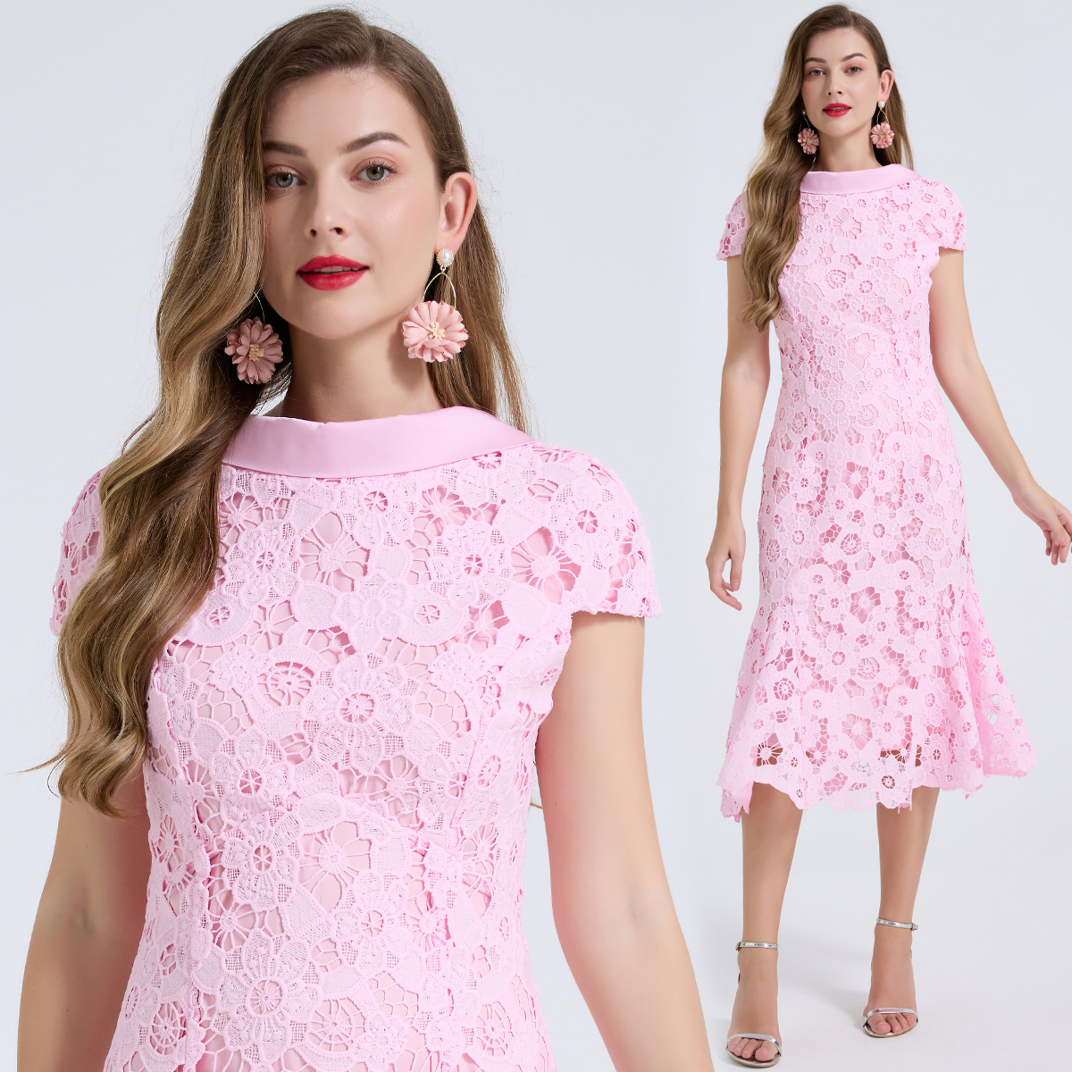 Realistic shooting of simple and elegant lapel, slim fit, waist cinching, three-dimensional water-soluble lace lace lace dress, hip hugging skirt