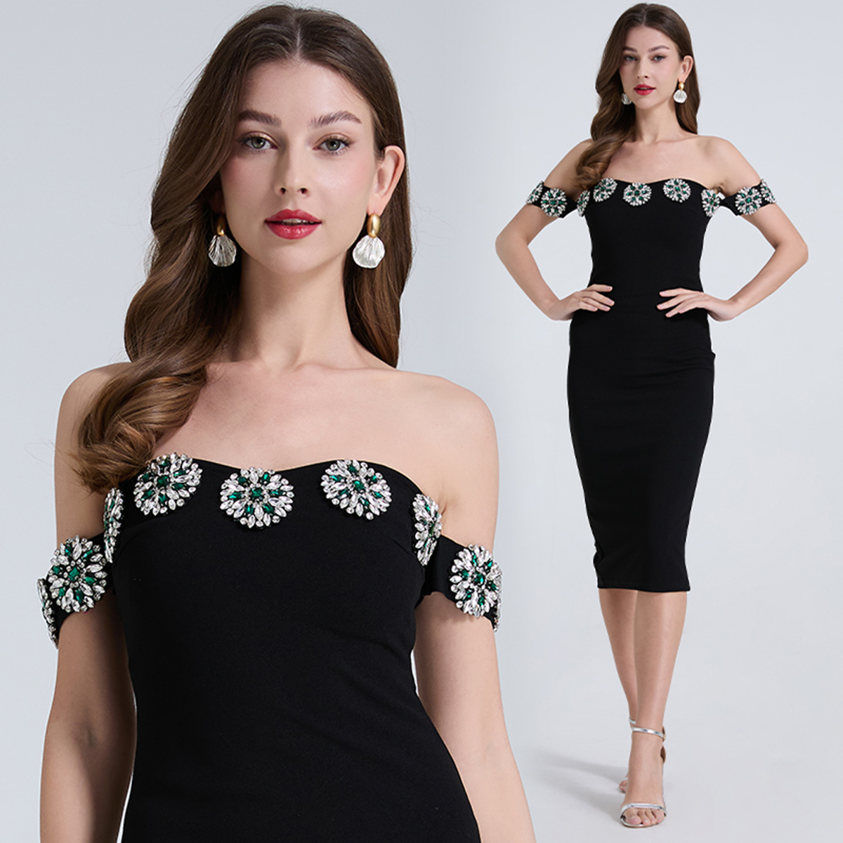 Realistic shooting of French heavy industry studded diamond gold style one shoulder diamond inlaid slimming and slimming slit dress dress