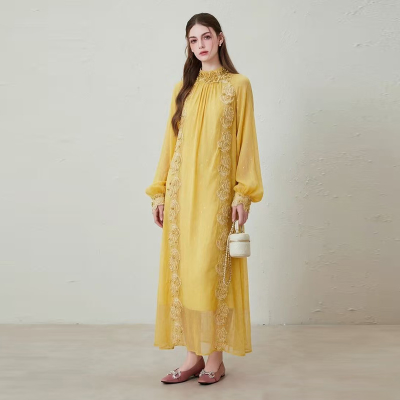 2026 Heavy Industry Nail Bead Lace Embroidered Lantern Sleeve Loose Style Dress 2026 Heavy Industry Nail Bead Lace Embroidered Lantern Sleeve Loose Style Dress