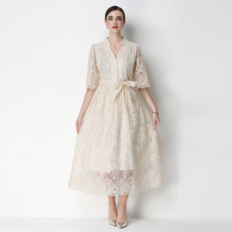 2026 Heavy Industry Lace Hand Embroidered Dress with Waist cinching and Elegant Style 2026 Heavy Industry Lace Hand Embroidered Dress with Waist cinching and Elegant Style