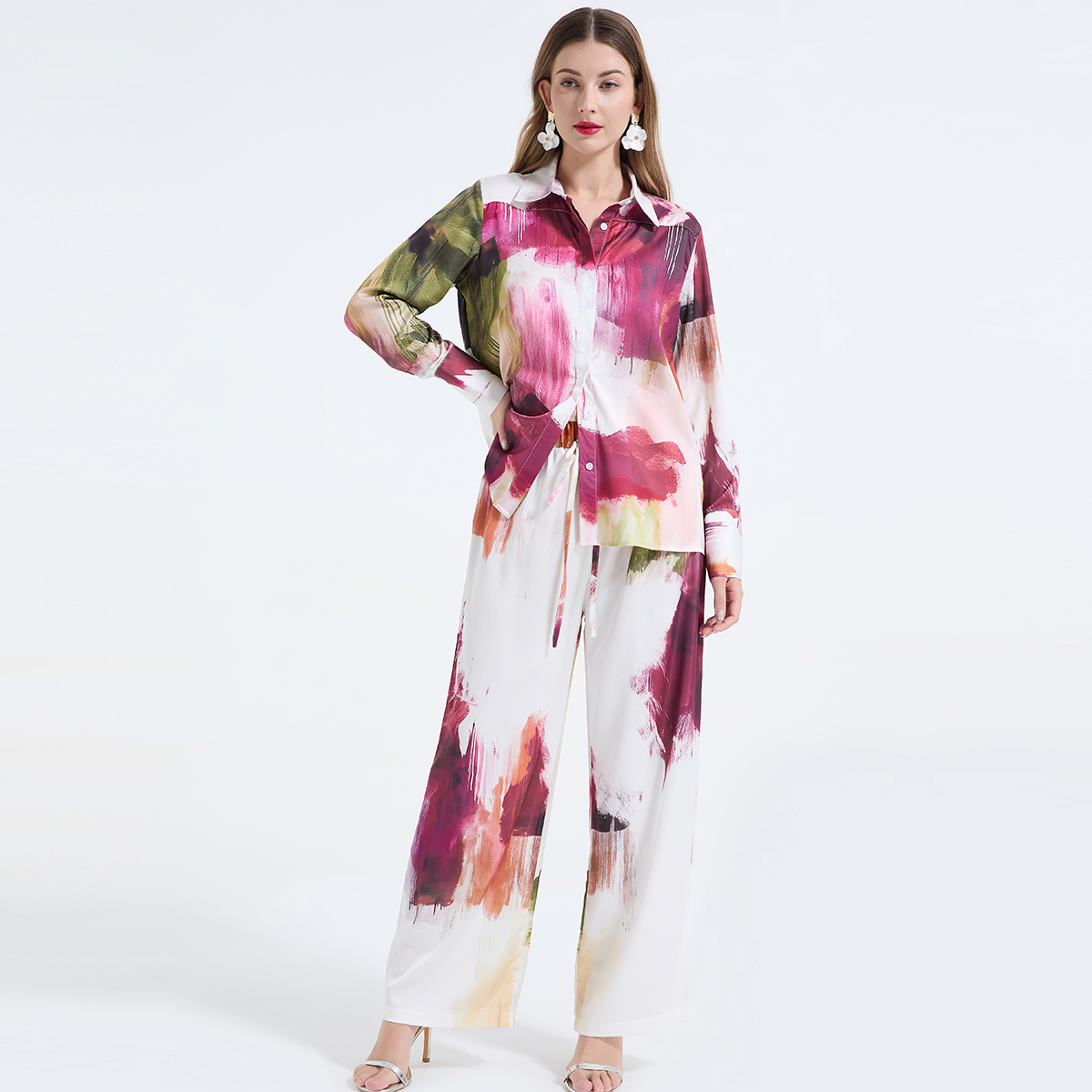 Real time shooting of spring and summer blended printed long sleeved loose shirt+loose wide leg pants fashion two-piece set Real time shooting of spring and summer blended printed long sleeved loose shirt+loose wide leg pants fashion two-piece set