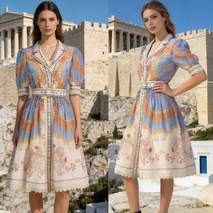 European and American niche retro printed small lapel bubble sleeve lace nail bead large swing waist slimming dress two-piece set European and American niche retro printed small lapel bubble sleeve lace nail bead large swing waist slimming dress two-piece set