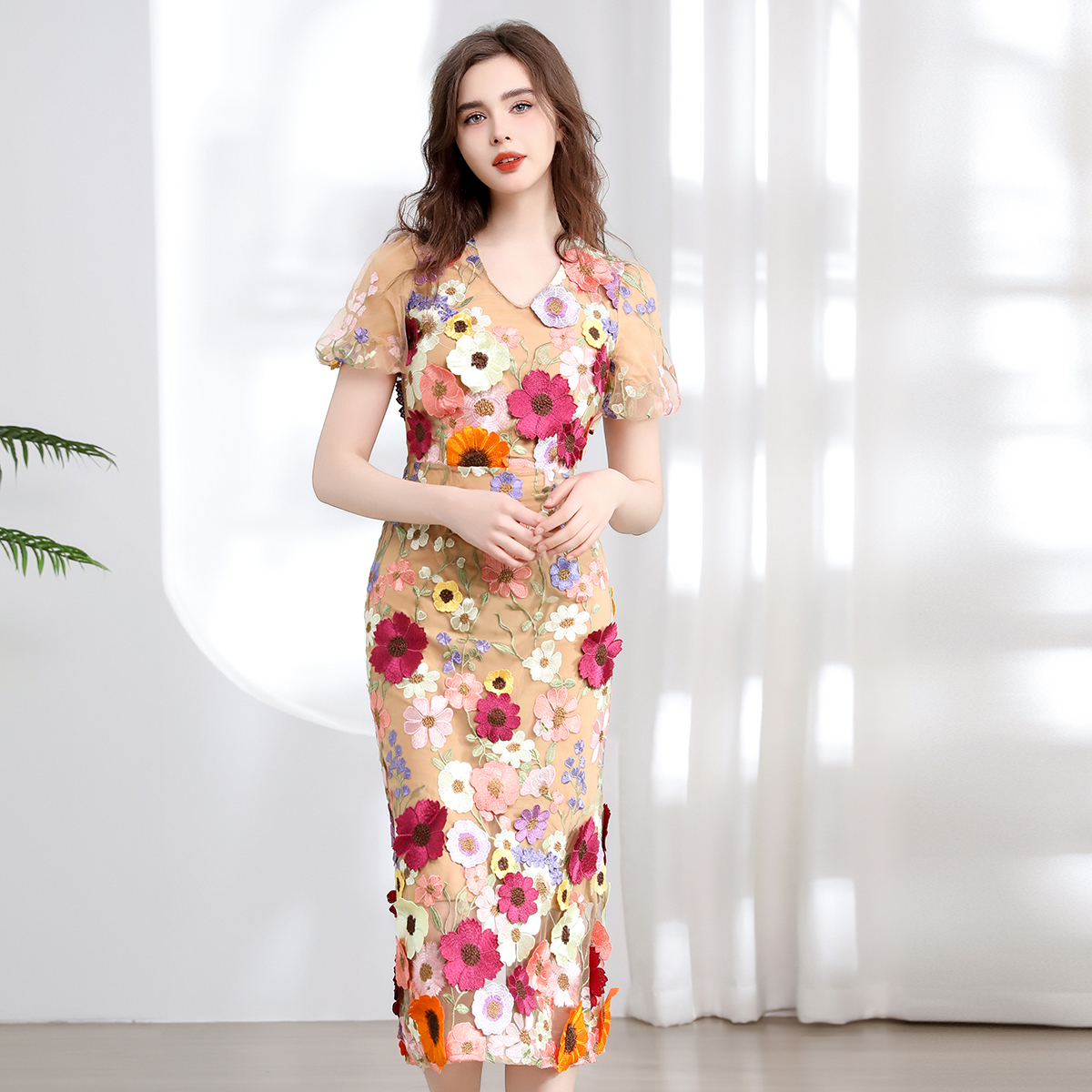 Real shot 774 # Heavy Industry Embroidery 3D Stickers Summer Elegant Bubble Sleeve Dress V-neck Split Dress Real shot 774 # Heavy Industry Embroidery 3D Stickers Summer Elegant Bubble Sleeve Dress V-neck Split Dress