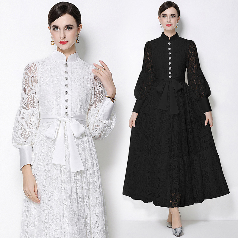 Black lace lantern sleeve patchwork long dress, palace retro lace up dress