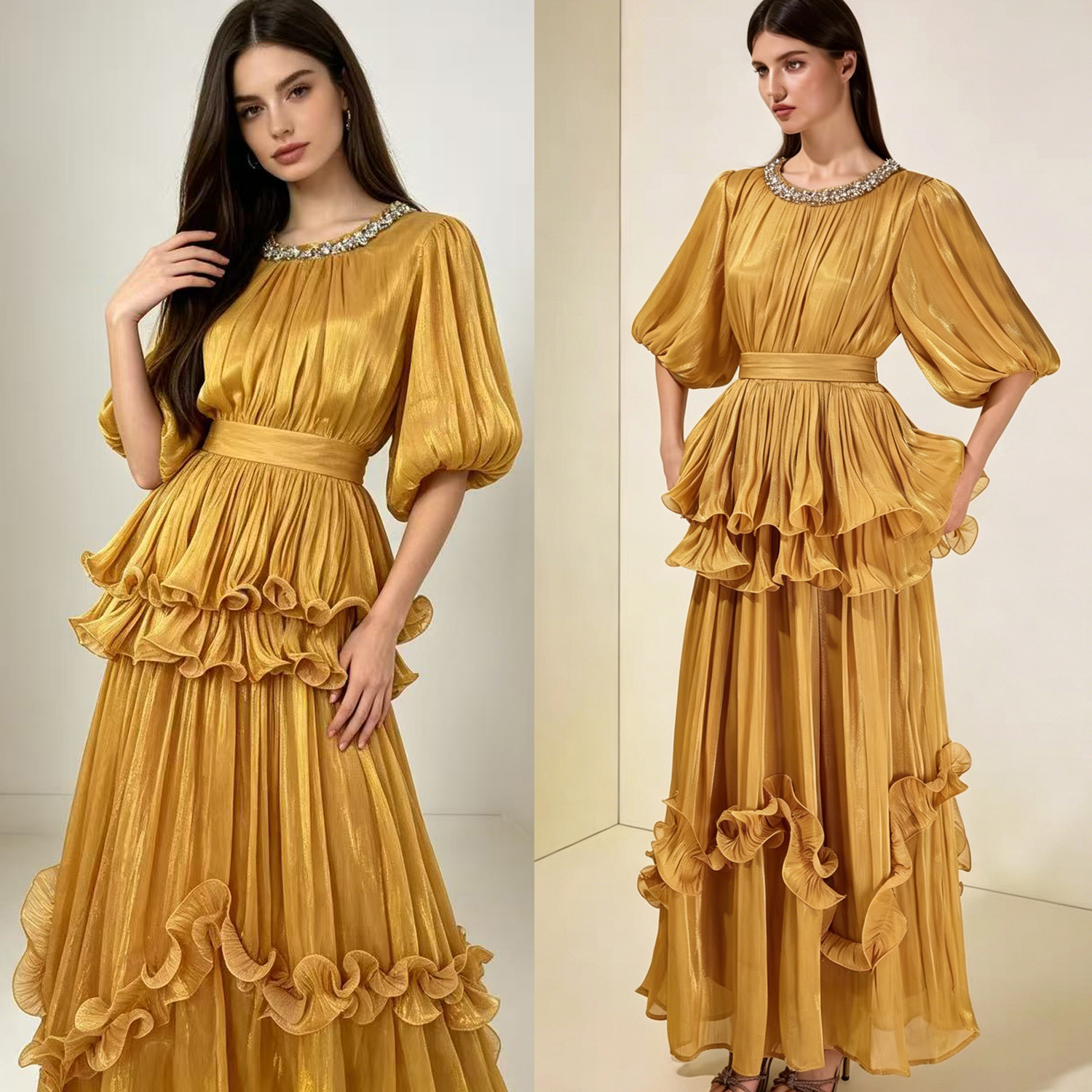 French court style bubble sleeve dress, women's waist cinched, ruffled cake skirt, elegant retro long skirt, formal dress French court style bubble sleeve dress, women's waist cinched, ruffled cake skirt, elegant retro long skirt, formal dress