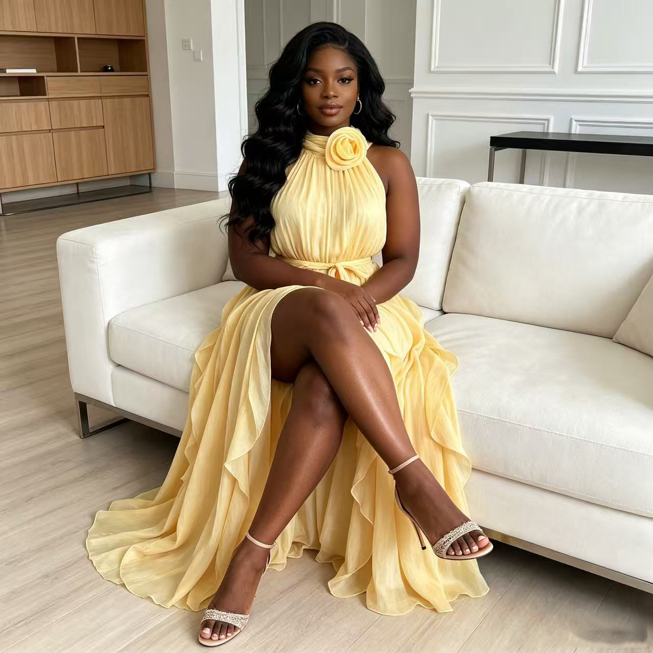 French socialite elegant temperament with ruffled edges, pleated high waist, slim fit, sleeveless long dress, solid color, long skirt for women French socialite elegant temperament with ruffled edges, pleated high waist, slim fit, sleeveless long dress, solid color, long skirt for women