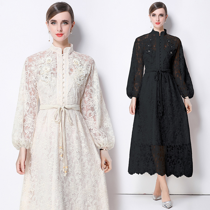 Palace Embroidery Water soluble Lace Retro Long Dress Heavy Industry Versatile Dress