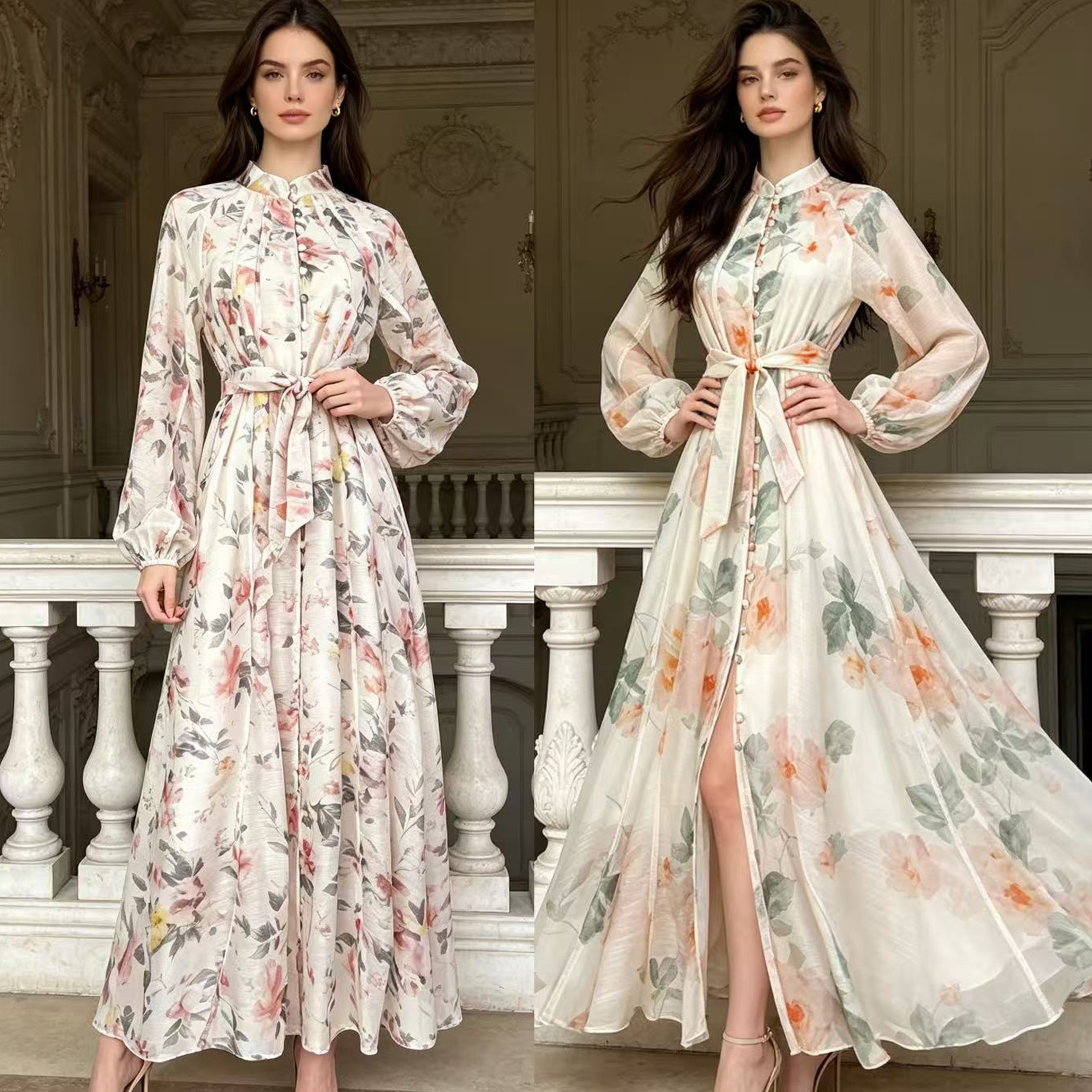 Australian autumn new light luxury single breasted printed long sleeved dress with tie up to show off weight, big swing dress, long skirt