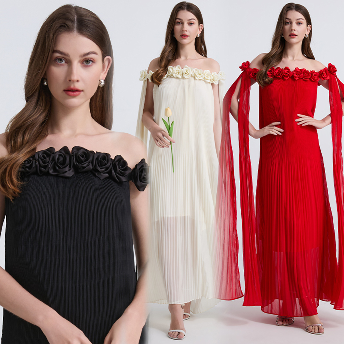 Real shot sexy one neck three-dimensional flower pleated chiffon dress, long skirt, oversized display, high-quality version