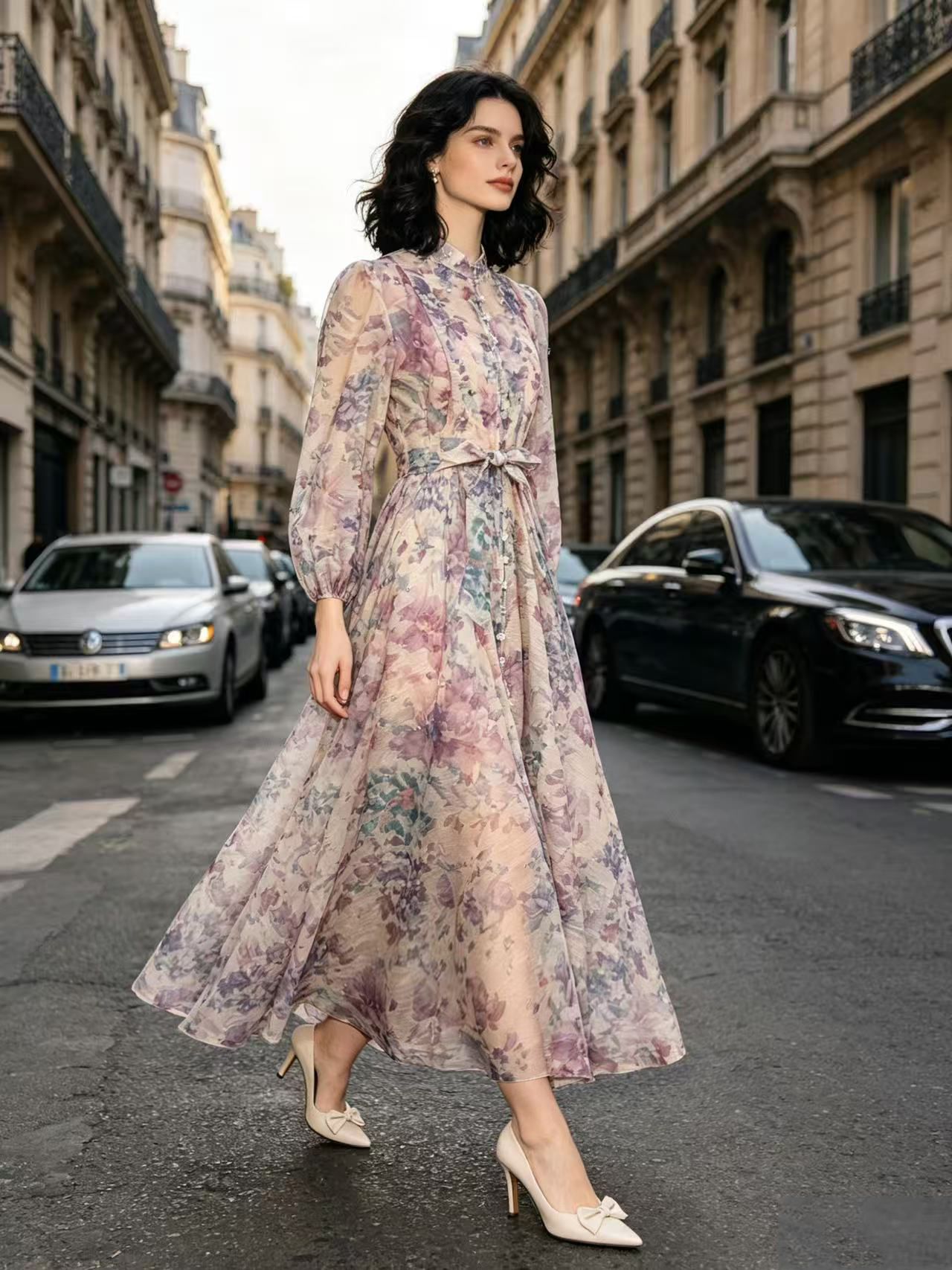 Australian retro print stand up collar lantern sleeves long sleeves heavy studded diamonds elegant socialite temperament two-piece dress long Australian retro print stand up collar lantern sleeves long sleeves heavy studded diamonds elegant socialite temperament two-piece dress long