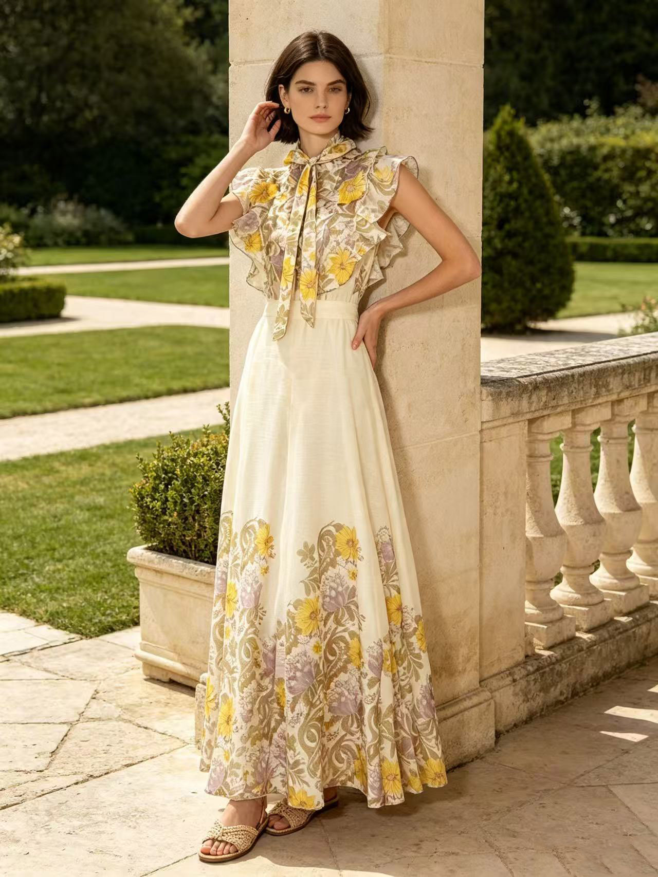 Elegant temperament two-piece dress set from Z Australia, heavy industry flower sleeveless ruffled shirt+high waisted skirt Elegant temperament two-piece dress set from Z Australia, heavy industry flower sleeveless ruffled shirt+high waisted skirt