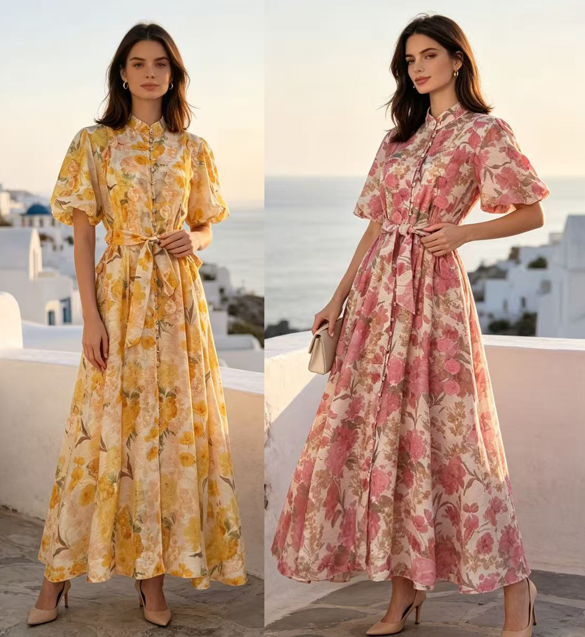 Australian summer new retro printed stand up collar single breasted heavy industry handmade flower decoration large swing dress long skirt Australian summer new retro printed stand up collar single breasted heavy industry handmade flower decoration large swing dress long skirt