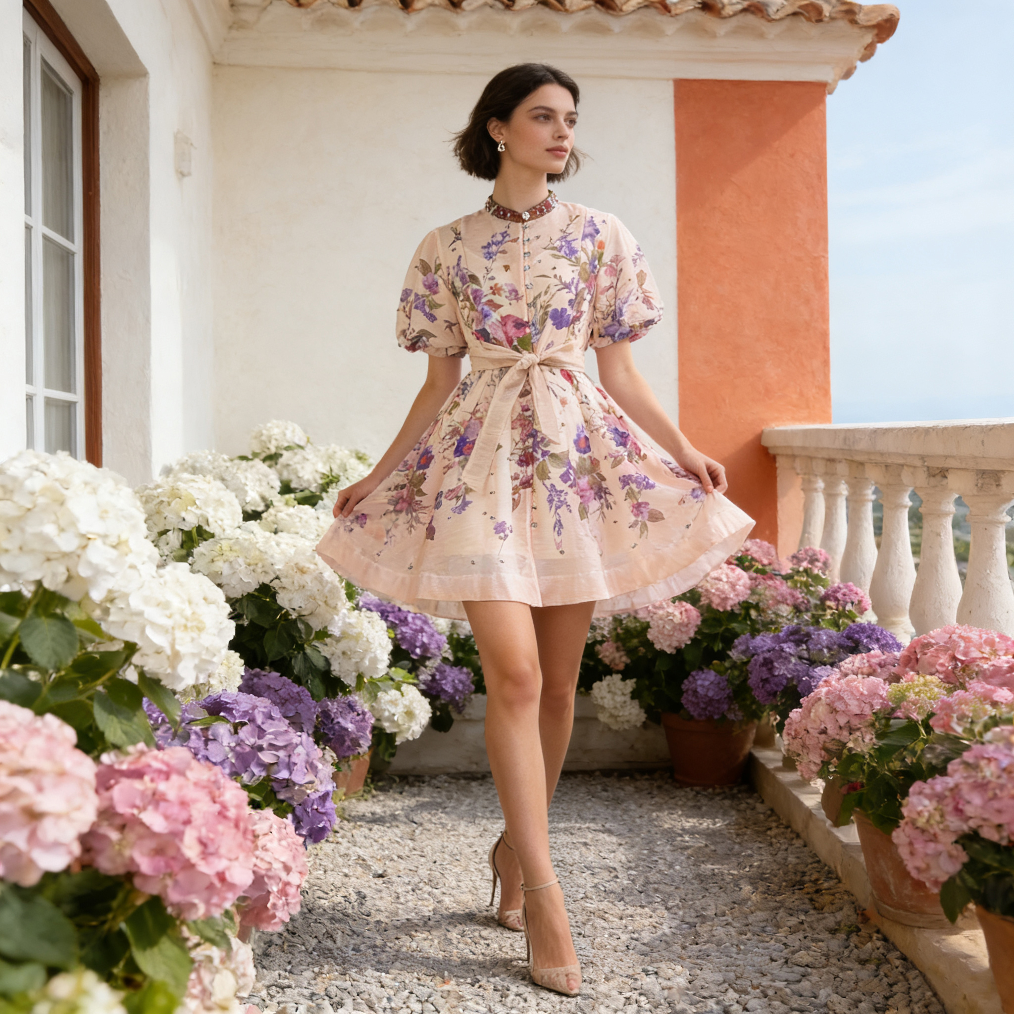 Australian vacation style summer new French retro printed bubble sleeves short sleeves studded diamond single breasted dress umbrella skirt Australian vacation style summer new French retro printed bubble sleeves short sleeves studded diamond single breasted dress umbrella skirt