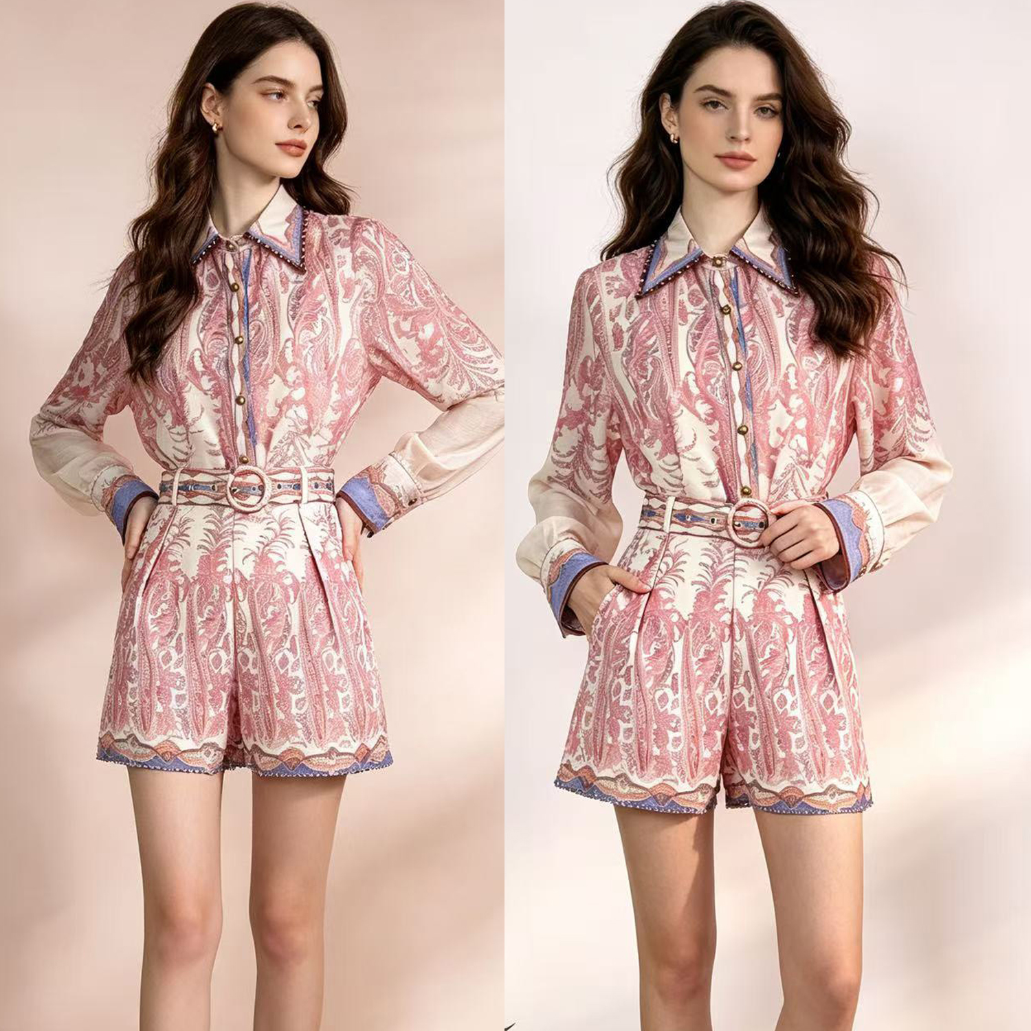 Australian niche early autumn new printed collar lantern sleeve shirt high waisted shorts set two-piece vacation set Australian niche early autumn new printed collar lantern sleeve shirt high waisted shorts set two-piece vacation set