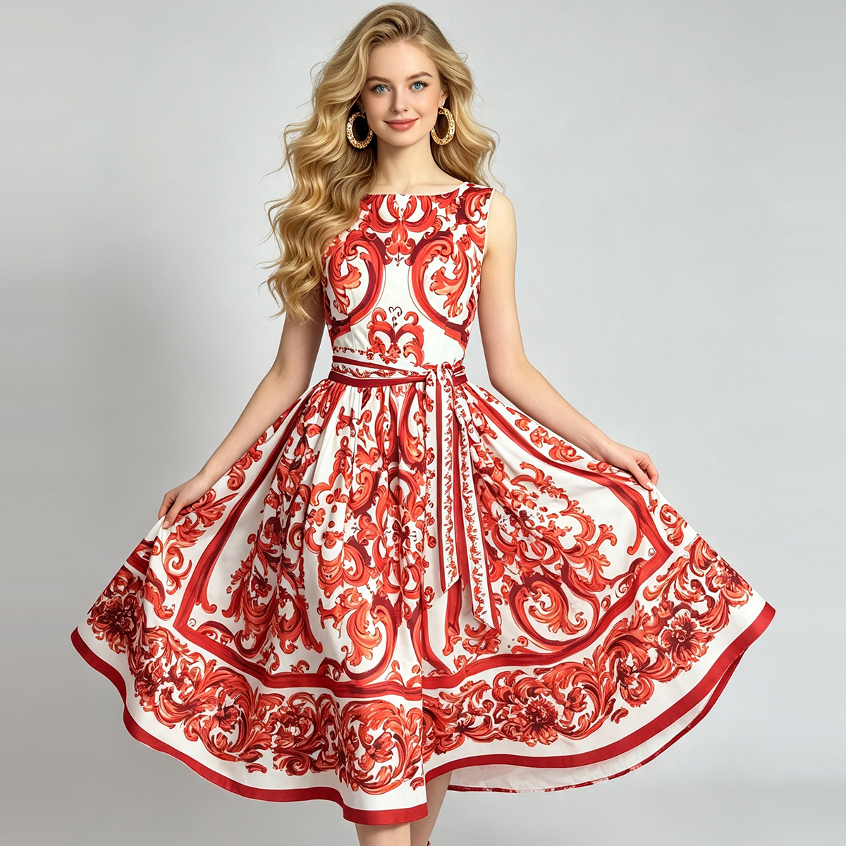 French romantic floral print sleeveless dress with high waisted bow tie and drawstring, cinched waist and large swing skirt French romantic floral print sleeveless dress with high waisted bow tie and drawstring, cinched waist and large swing skirt