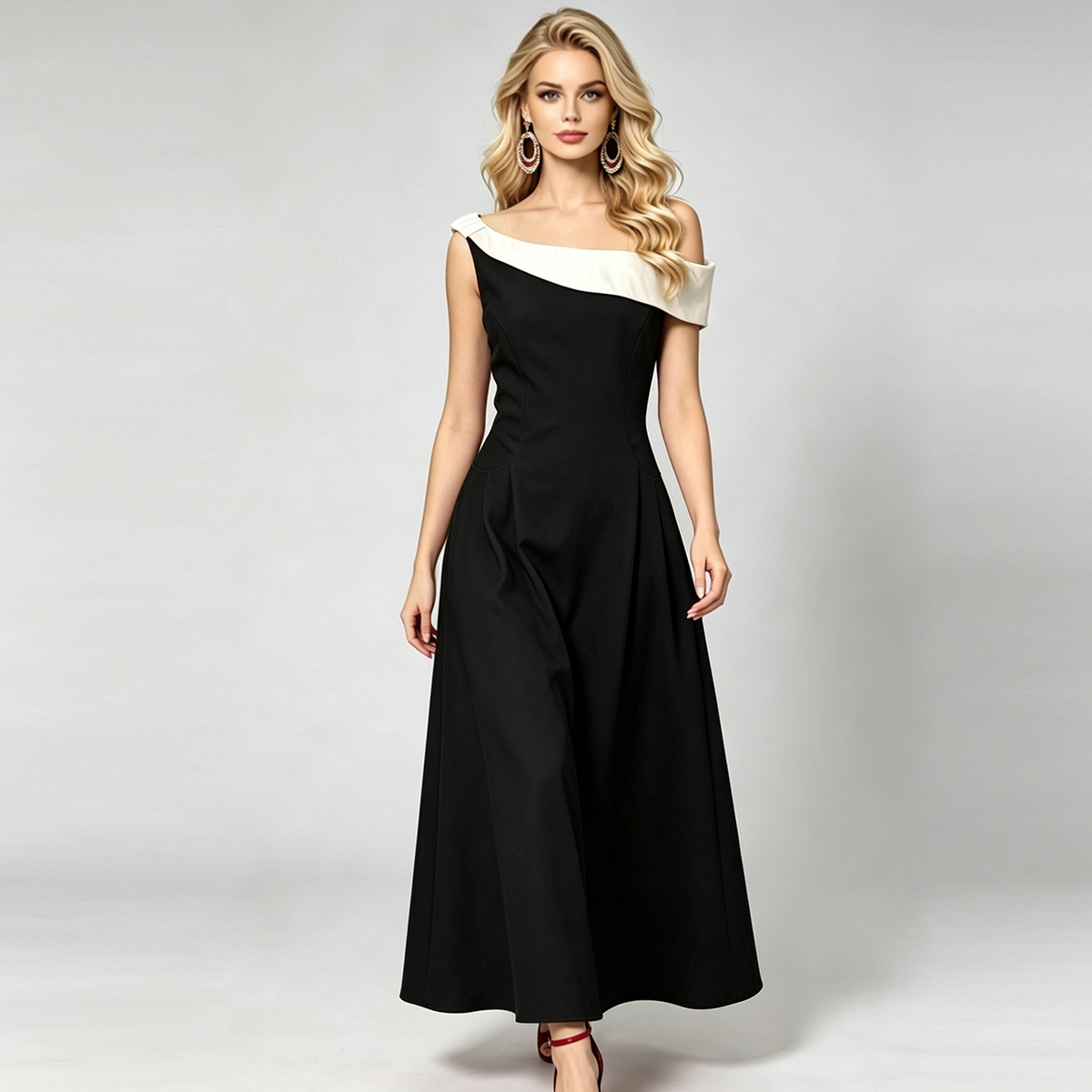 French style Hepburn style sexy off shoulder contrasting color slim fit hanging dress French style Hepburn style sexy off shoulder contrasting color slim fit hanging dress