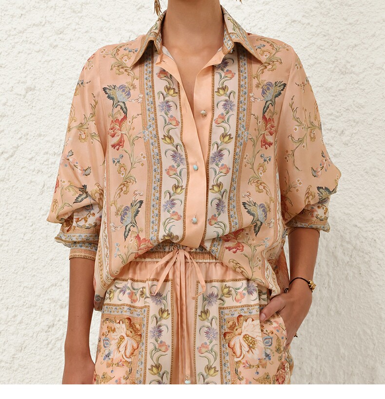 Australian Z Home Silk Texture Printed Casual Long Sleeve Collar Shirt Loose High Waist Pants Set Vacation Style Australian Z Home Silk Texture Printed Casual Long Sleeve Collar Shirt Loose High Waist Pants Set Vacation Style