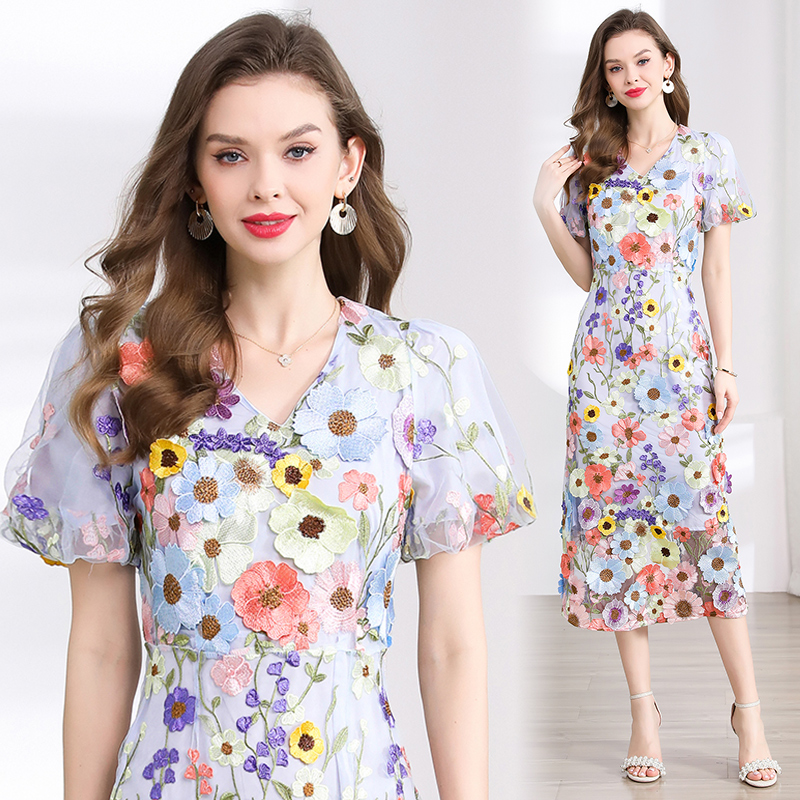 Real shot 774 # Heavy Industry Embroidery 3D Stickers Summer Elegant Bubble Sleeve Dress V-neck Split Dress