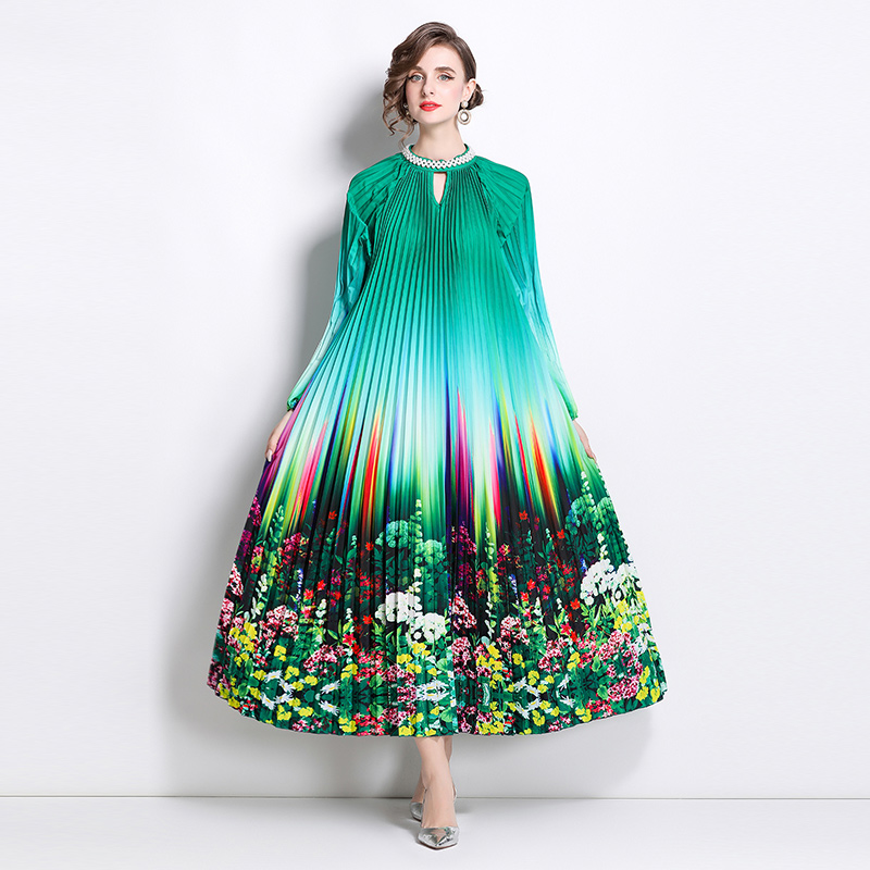 Original 2026 high-end nail bead positioning printed pleated pearl buckle pleated long skirt Original 2026 high-end nail bead positioning printed pleated pearl buckle pleated long skirt
