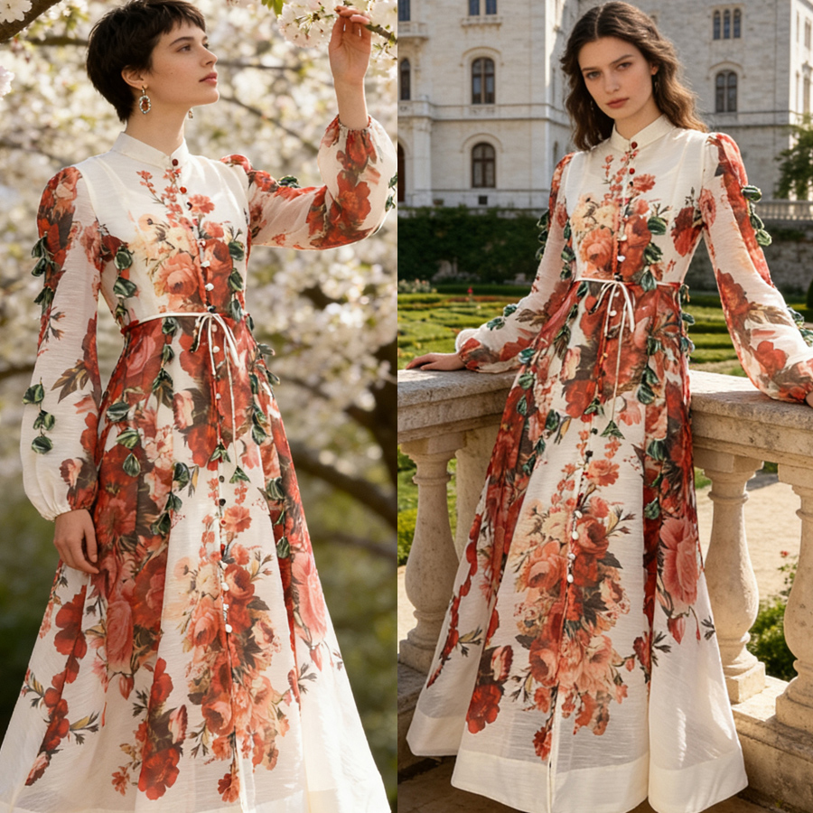 Australian niche 2026 summer elegant stand up collar single breasted heavy industry floral fringe two-piece dress long skirt Australian niche 2026 summer elegant stand up collar single breasted heavy industry floral fringe two-piece dress long skirt