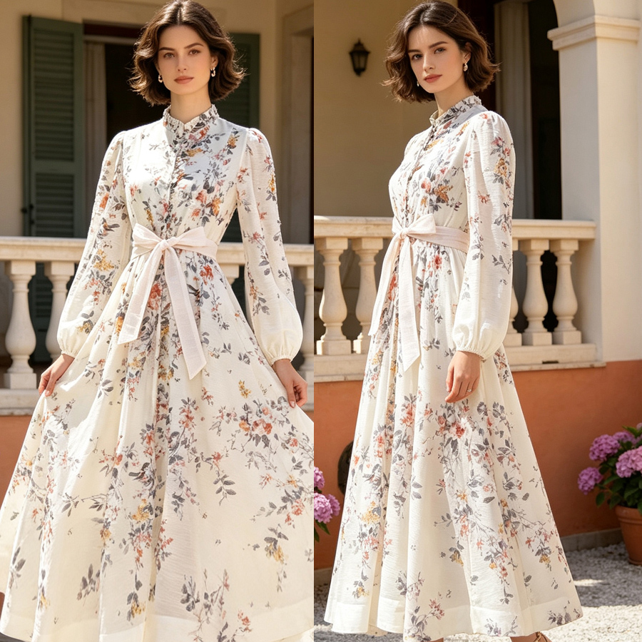 Australian retro print stand up collar lantern sleeves long sleeves heavy studded diamonds elegant socialite temperament two-piece dress long Australian retro print stand up collar lantern sleeves long sleeves heavy studded diamonds elegant socialite temperament two-piece dress long