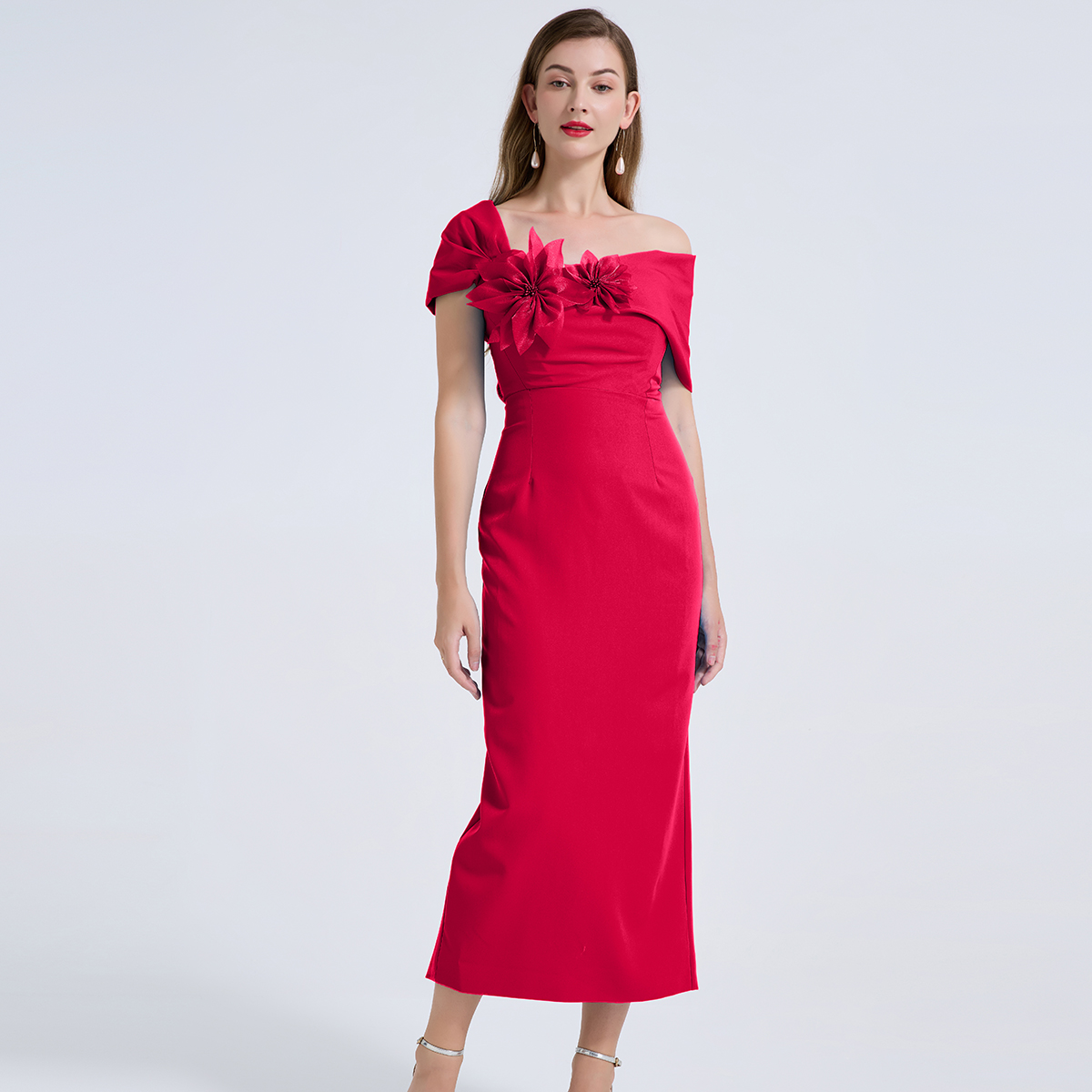 Real shot sexy off shoulder asymmetrical design three-dimensional flower slim fit hip hugging dress evening dress Real shot sexy off shoulder asymmetrical design three-dimensional flower slim fit hip hugging dress evening dress