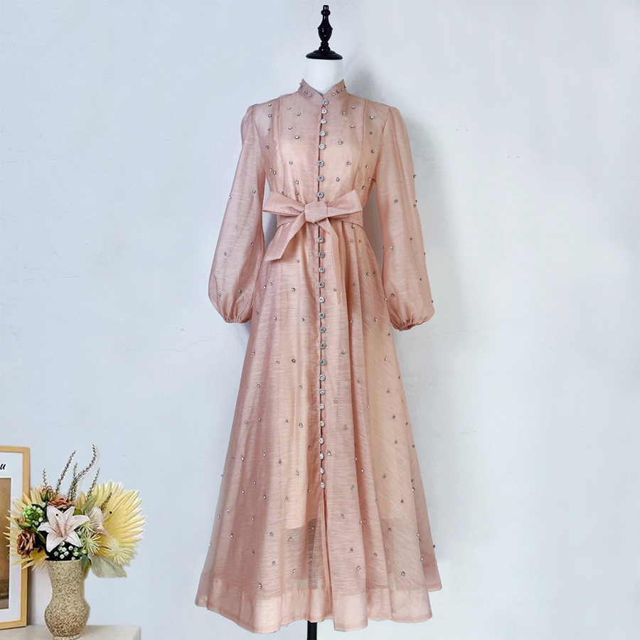 Australian retro print stand up collar lantern sleeves long sleeves heavy studded diamonds elegant socialite temperament two-piece dress long Australian retro print stand up collar lantern sleeves long sleeves heavy studded diamonds elegant socialite temperament two-piece dress long