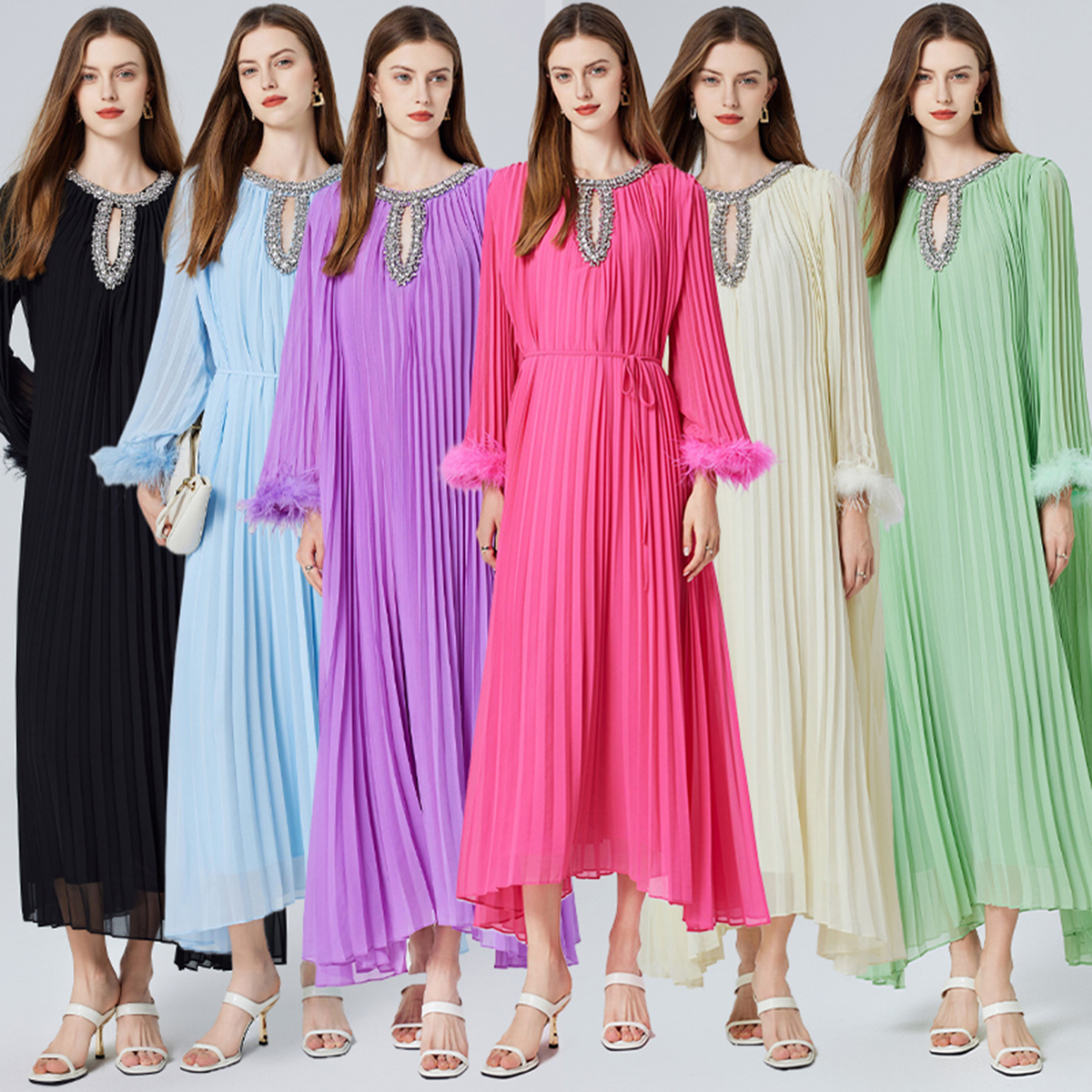 Real shooting of 6-color heavy-duty handmade nail bead ostrich real fur 6-meter swing folding dress with straps and long skirt