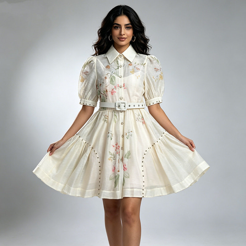 European and American fashion trend explosive temperament commuting OL style high-end short sleeved printed slimming A-line fluffy dress European and American fashion trend explosive temperament commuting OL style high-end short sleeved printed slimming A-line fluffy dress