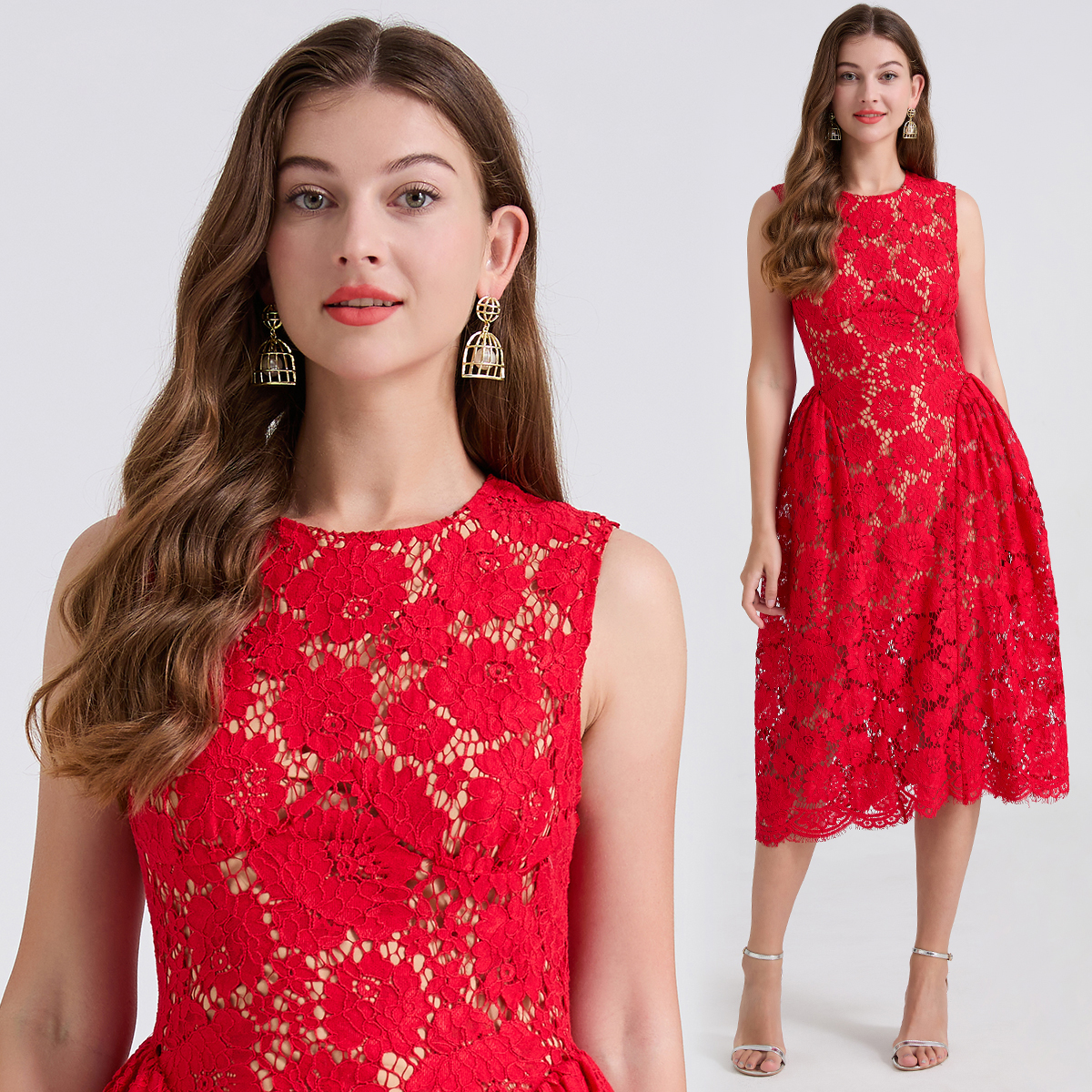 Real shot light luxury lace eyelash puffy vest round neck A-line skirt slim fit high waisted dress Real shot light luxury lace eyelash puffy vest round neck A-line skirt slim fit high waisted dress