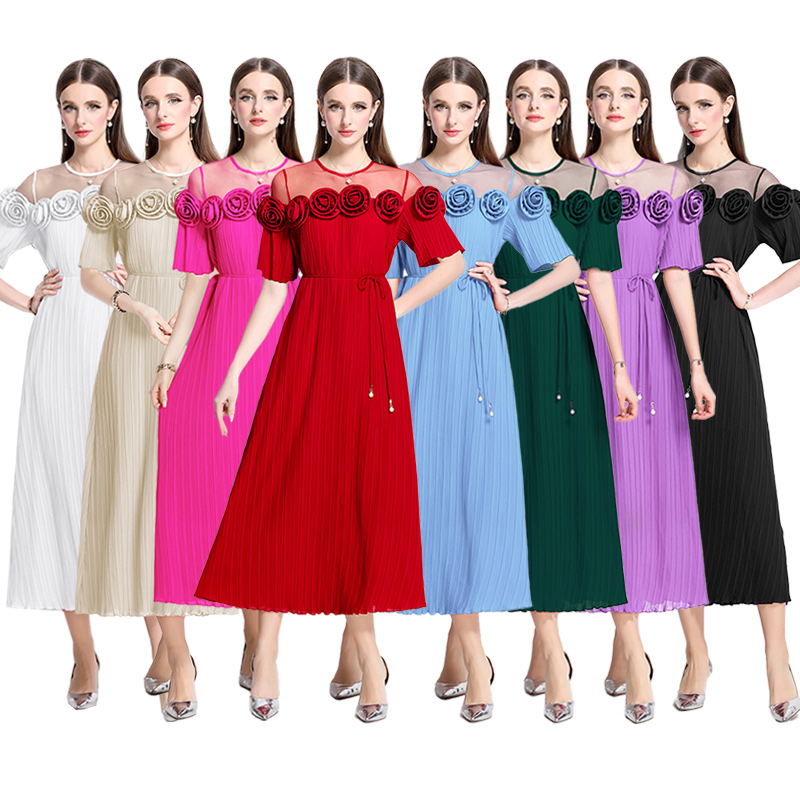 2025 Heavy Industry Rose Three Dimensional Flower Splicing Mesh Ruffle pleated Skirt Dress Large Swing Long Dress