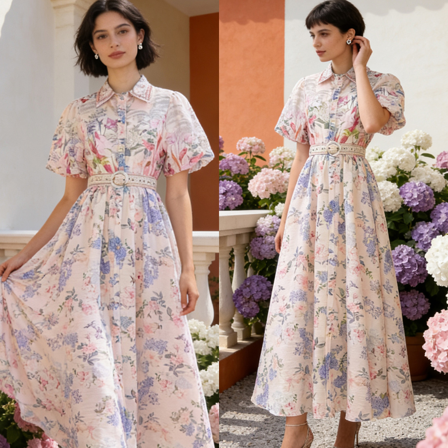 Australian retro printed elegant socialite temperament with a lapel and bubble sleeves, short sleeved summer waist slimming dress, long skirt Australian retro printed elegant socialite temperament with a lapel and bubble sleeves, short sleeved summer waist slimming dress, long skirt