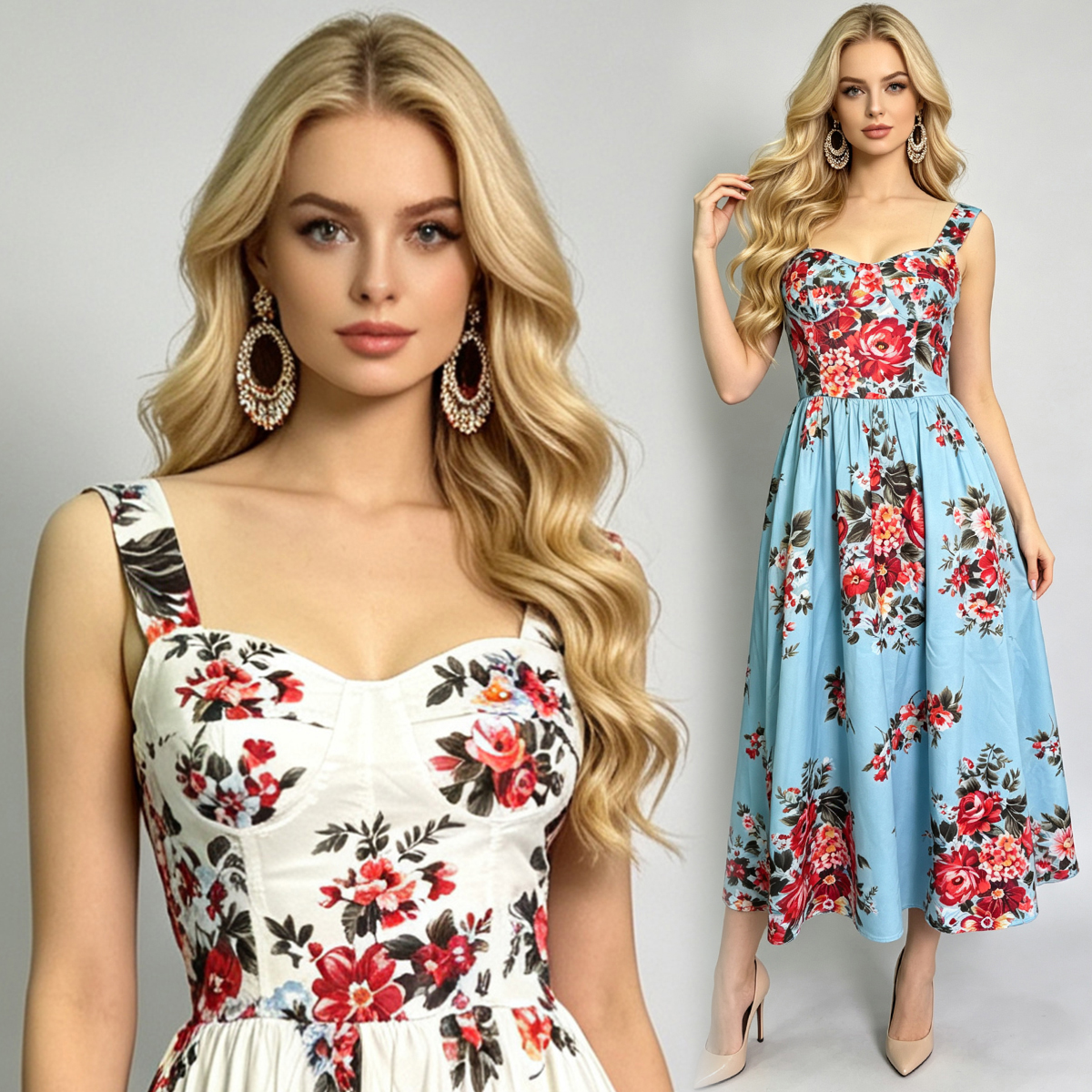 Realistic printed positioning: retro printed three-dimensional strapless suspender dress with elastic waistband on the back and high waisted skirt