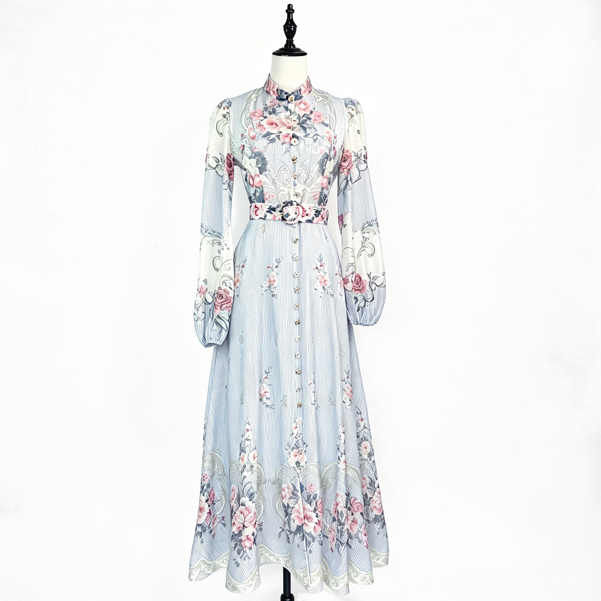 French high-end two-piece dress with retro print stand up collar lantern sleeves and waist cinching big swing dress, long skirt French high-end two-piece dress with retro print stand up collar lantern sleeves and waist cinching big swing dress, long skirt