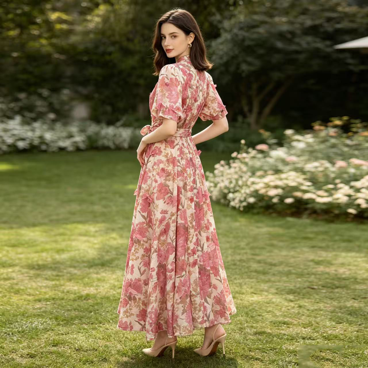Australian new retro printed elegant socialite temperament heavy three-dimensional flower single breasted waist slimming dress Australian new retro printed elegant socialite temperament heavy three-dimensional flower single breasted waist slimming dress