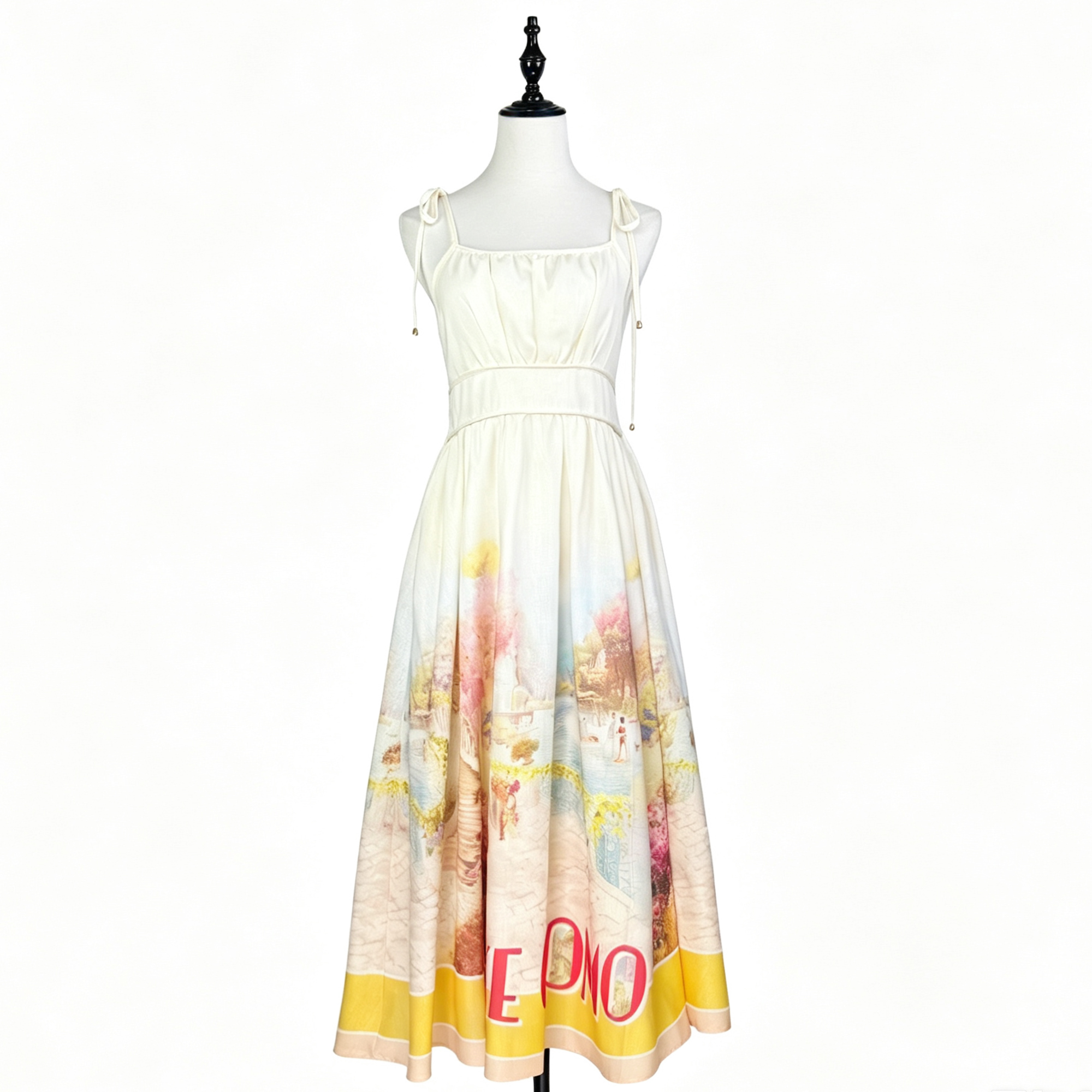 Australian new French romantic style printed camisole dress women's linen medium long vacation style beige skirt Australian new French romantic style printed camisole dress women's linen medium long vacation style beige skirt